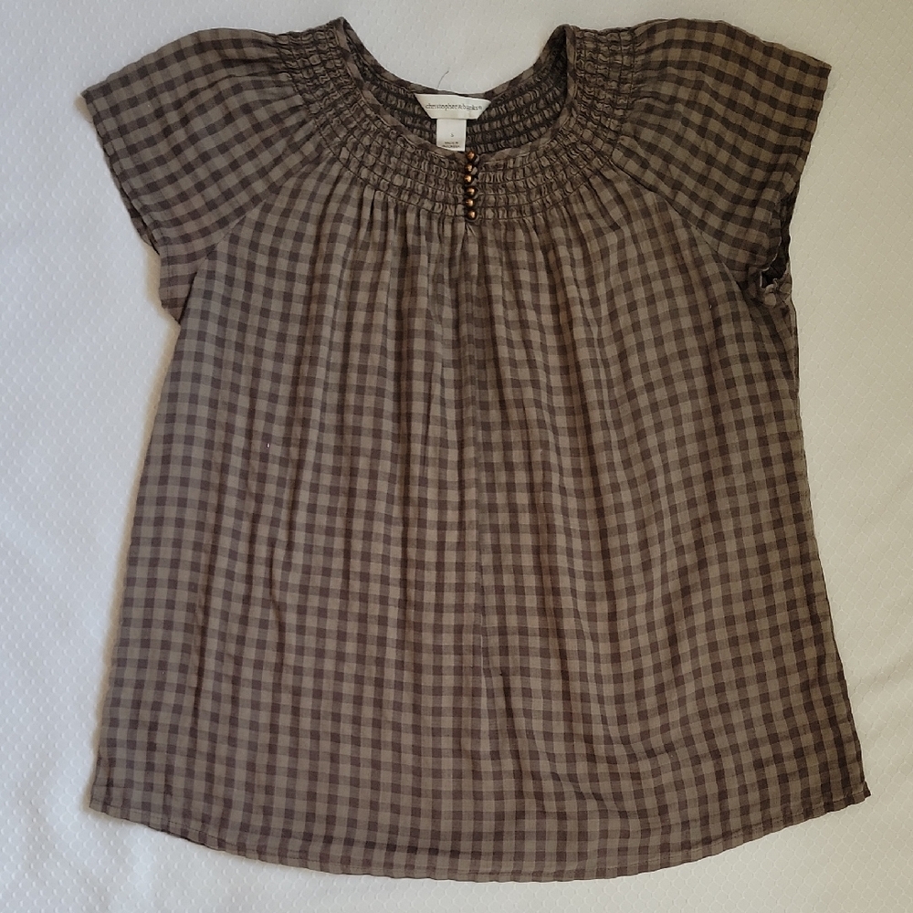 Christopher & Banks Womens Small Cotton Gingham Knit Top In Olive Green & Tan